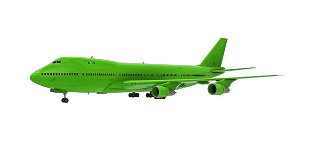 Avión verde sobre fondo blanco aislado. Grandes aviones de pasajeros de gran capacidad para largos vuelos transatlánticos. ilustración 3d - Foto, imagen