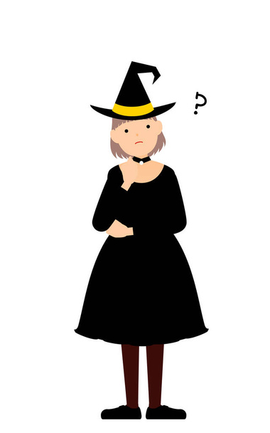 Kostium halloweenowy, pozowanie dziewczyny przebranej za czarownicę składającej ręce w opałach. - Wektor, obraz