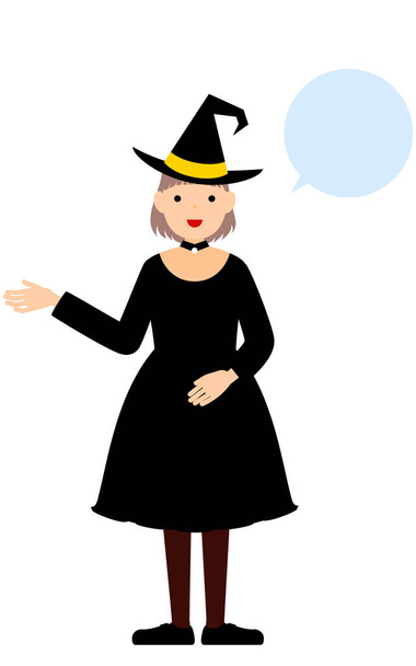 Disfraz de Halloween, chica vestida de bruja hablando con su mano derecha (con burbuja del habla) - Vector, imagen