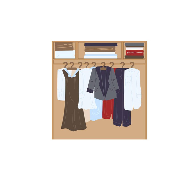 Flat cartoon clothes wardrobe with different dresses,fashion shopping vector illustration concept - Vector, Image