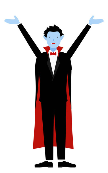 Costume d'Halloween, pose d'un homme habillé en vampire levant les bras - Vecteur, image