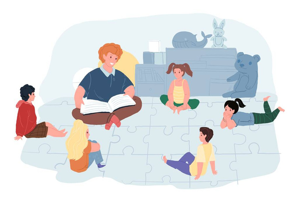 Плоский вчитель мультфільмів і дитячі персонажі в дитячому саду, векторна концепція ілюстрації
 - Вектор, зображення