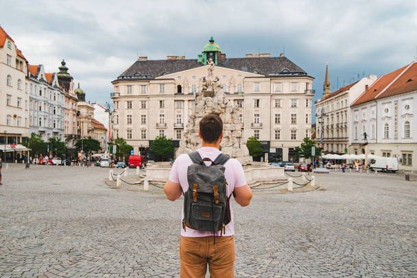 traveler man at tourist square at old european city. brno czech republic - Foto, imagen