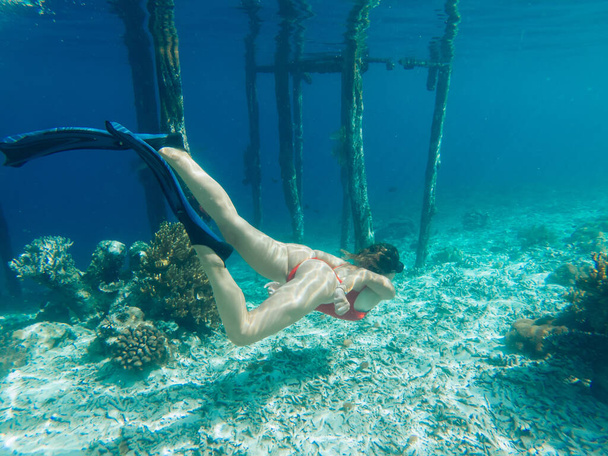 Young girl in snorkeling mask dive underwater to see tropical fishes in coral reef sea pool, travel journey trip for practicing fun water sport during voyage adventure in Raja Ampat island - Φωτογραφία, εικόνα
