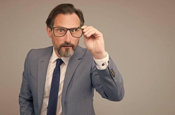 see clearly. lawyer completed his outfit with glasses. adult man has eyeglasses. male glasses fashion. representative university professor. mature school teacher. ceo business coach. copy space - 写真・画像
