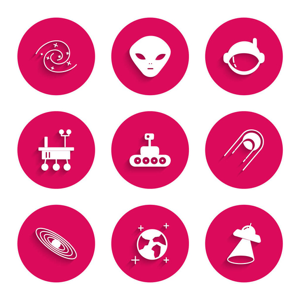 Set Mars rover globo terrestre UFO astronave volante Satellite Planet Casco astronauta e icona del buco nero. Vettore. - Vettoriali, immagini
