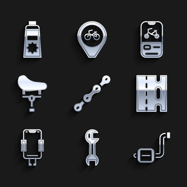 Set Cycle chain Klíč klíč pedál pruh Mobilní držák sedadla pronájem mobilní aplikace a opalovací krém trubice ikona. Vektor. - Vektor, obrázek