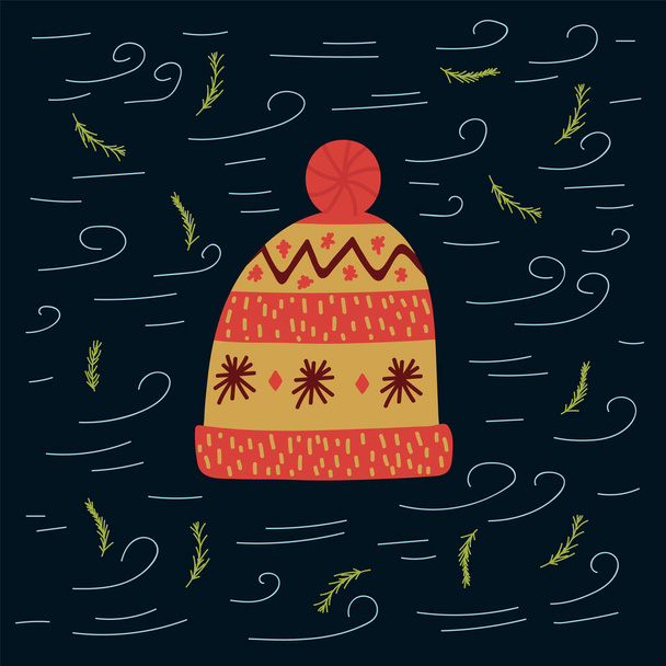 A poster of warm clothes. Seasonal winter clothing Hat with an ornament of snowflakes. A cozy and warm headdress in a doodle circle for a postcard. - Vector, Image