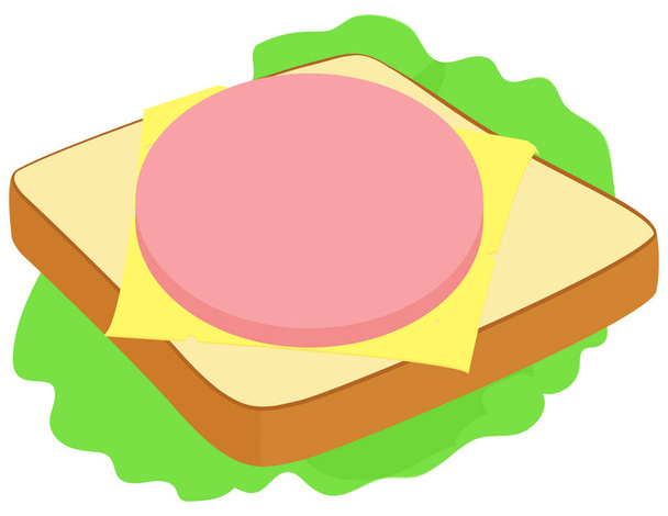 Breakfast toast with cheese and sausage. Vector food illustration on green salad. - Vektori, kuva