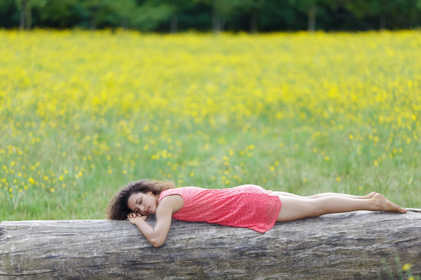 krásná mladá žena spí na kládě - Fotografie, Obrázek