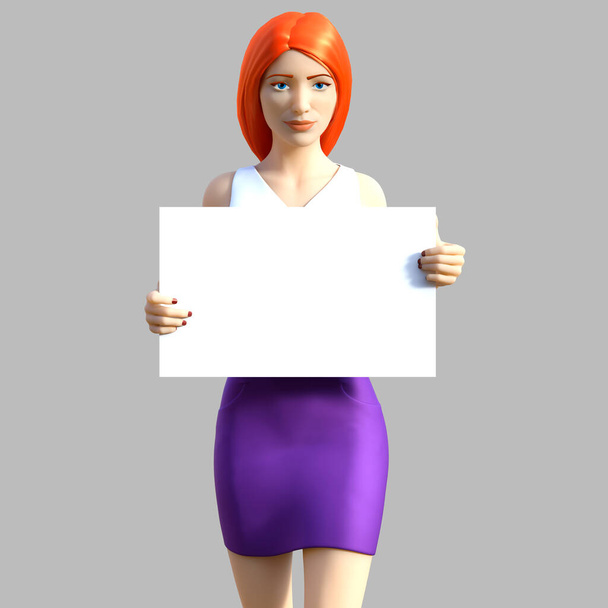 Illustration 3D isolée de l'adolescente rousse en jupe violette et débardeur blanc debout et tenant un tableau blanc sur fond gris. - Photo, image