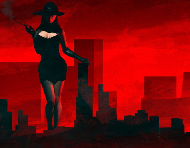 3d render noir illustrazione di signora in abito nero e cappello in piedi su paesaggio urbano in stile rosso e nero e grattacieli sfondo. - Foto, immagini