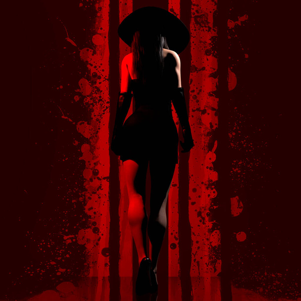 3d tehdä noir kuva seksikäs nainen musta mekko ja hattu kävely punainen ja musta värillinen verinen huone tausta. - Valokuva, kuva