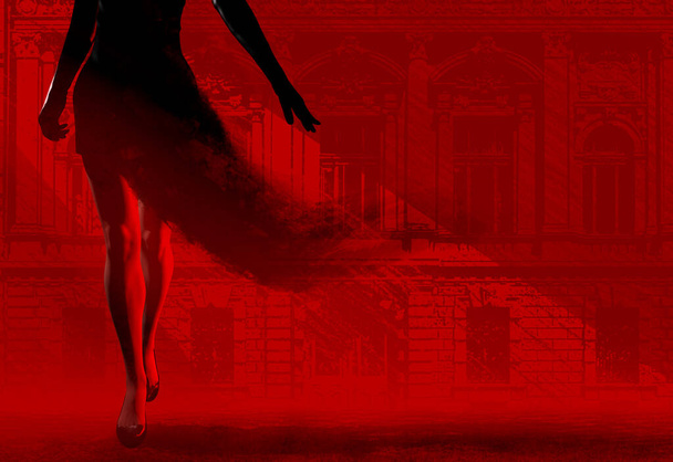 3d renderizar negro ilustración de dama en negro disolver vestido caminando sobre rojo y negro estilo ciudad calle fondo. - Foto, imagen