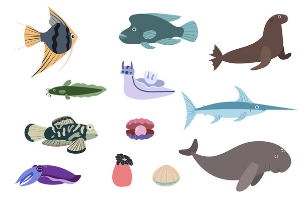 Conjunto de animales marinos - pez ángel dugon siluro sepia pez espada. Mundo submarino habitantes imprimir. - Vector, imagen