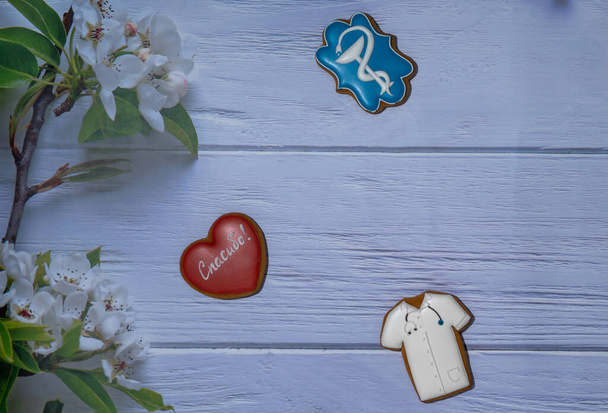 Cookies avec glaçage en forme de cœur et d'autres formes et dessins et inscriptions sur des sujets médicaux pour la journée du travailleur médical flatlay - Photo, image