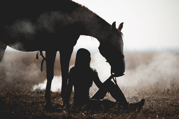 Prachtig silhouet van een meisje dat naast een paard zit en haar met zijn handen voedt tegen een witte achtergrond. Vrouw in het veld op een achtergrond van rook, en naast haar is haar paard - Foto, afbeelding
