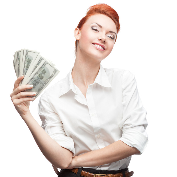 admiring business woman holding money - Фото, изображение