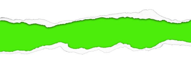 Yeşil arkaplan üzerine yırtılmış beyaz kağıt - Fotoğraf, Görsel