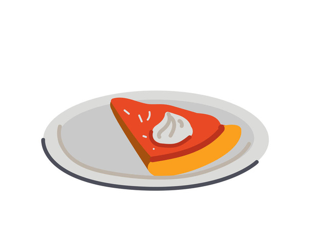 Праздничный сладкий ломтик тыквенного пирога на тарелке нарисован вручную. Векторный рисунок - Вектор,изображение