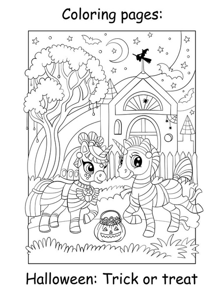 Lindos unicornios en trajes de momia egipcia en el bosque nocturno. Concepto de Halloween. Libro para colorear página para niños. Ilustración de dibujos animados vectoriales. Para colorear libro, educación, imprimir, juego, decoración, rompecabezas, diseño - Vector, Imagen