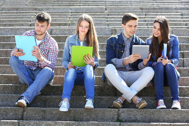 Happy students sitting on stairs in park - Photo, Image