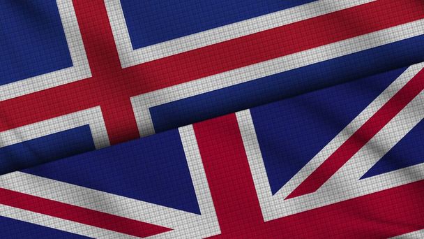 アイスランドとイギリスの国旗、波織物、速報ニュース、政治外交危機の概念、 3Dイラスト - 写真・画像