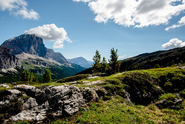 İtalya 'nın Cortina d' Ampezzo Belluno bölgesindeki Falzarego geçidinde Dolomitlerin yeşil çayırlarında kar ve pembe kayalarla bahar manzarası. - Fotoğraf, Görsel