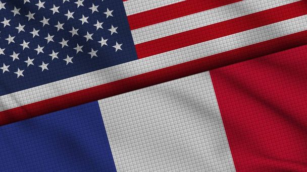 Stany Zjednoczone Ameryki i Francja Flagi Razem, Wavy Fabric, Najnowsze wiadomości, Koncepcja dyplomacji politycznej Kryzys, Ilustracja 3D - Zdjęcie, obraz