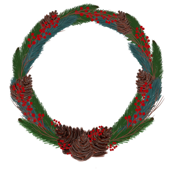 Christmas wreath. An element for a greeting card. An invitation card. Design for decoration. A holiday party. Print illustration. Festive Composition. - 写真・画像