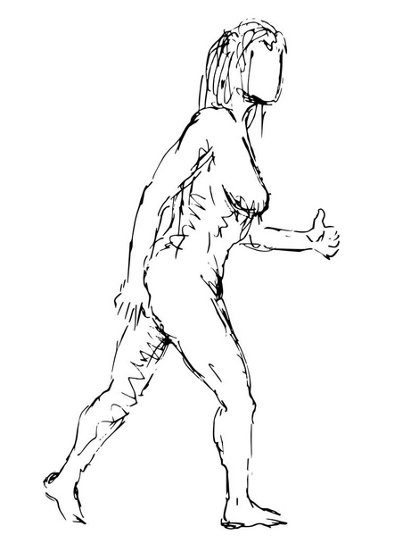 Ilustración de arte Doodle de una figura humana femenina desnuda posando con el pulgar hacia arriba hecha en estilo de dibujo de línea continua en blanco y negro sobre fondo aislado. - Vector, Imagen