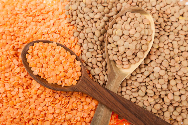 非常に健康的な食べ物;生のレンズ豆と皮の赤いレンズ豆 - 写真・画像