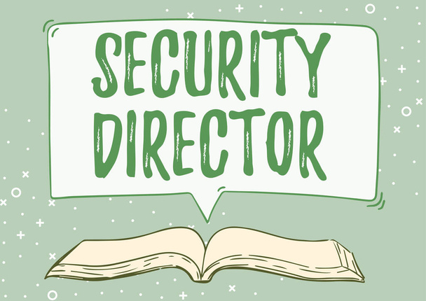 Handwriting text Security Director. Business approach head of a private security force working for a business Open Book illustration With Speech Bubble Presenting A Quote Message News. - Photo, Image