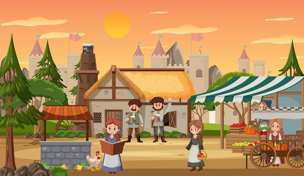 Medieval town at sunset time scene with villagers illustration - Vector, Image