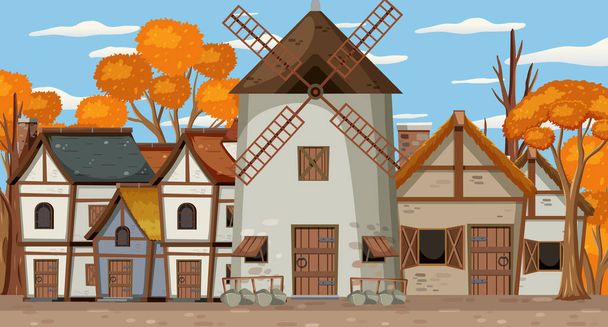Средневековая деревенская сцена с мельницей и иллюстрациями домов - Вектор,изображение