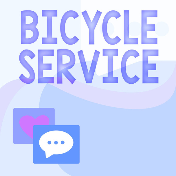 手書きのテキスト自転車サービス。自転車レンタルやメンテナンスなどのサービスを提供するコンセプトメッセージSハートシンボル付きスピーチバブルで描く. - 写真・画像