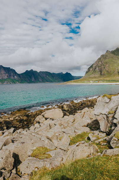 The coastal mountains with beautiful landscapes on a beach in Lofoten Islands, Norway - Fotoğraf, Görsel