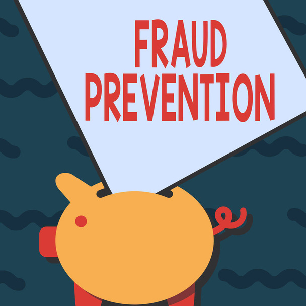 Visualización conceptual Prevención del Fraude. Idea de negocio el acto de detener varios tipos de fraude en Internet Piggy Bank Dibujo con hoja grande de papel atascado en el agujero. - Foto, imagen
