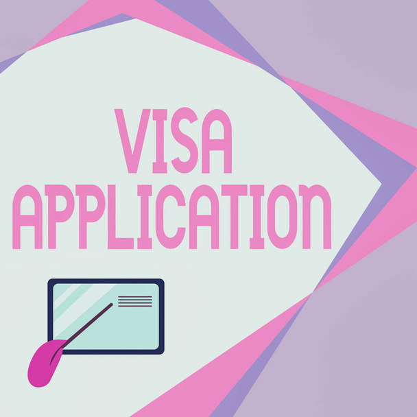 Znak pisma ręcznego Visa Application. Koncepcja oznacza proces uzyskania pozwolenia na wjazd do obcej karty lądowej Rysunek z ręcznym kijem wskazującym na małe szczegóły. - Zdjęcie, obraz