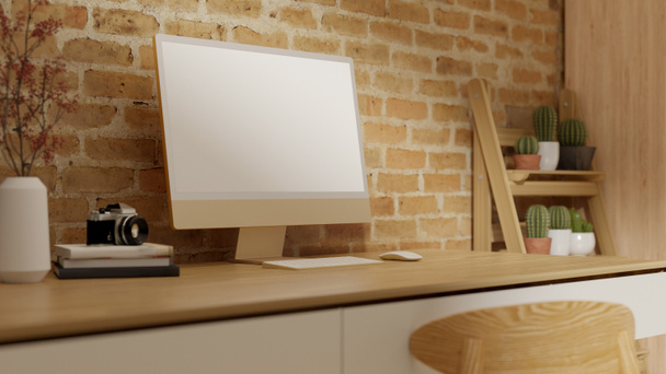Closeup, Σύγχρονη σύγχρονο σπίτι χώρο εργασίας εσωτερικό με υπολογιστή desktop κενό οθόνη mockup σε ξύλινο τραπέζι και τοίχο από τούβλα, σύγχρονες διακοσμήσεις, 3D απόδοση, 3D εικονογράφηση - Φωτογραφία, εικόνα