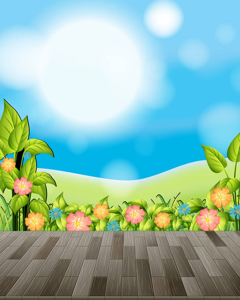 Natureza fundo com campo de flores e grama verde ilustração - Vetor, Imagem