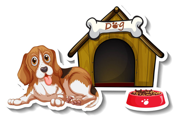 Design de adesivo com beagle em pé na frente da ilustração da casa do cão - Vetor, Imagem