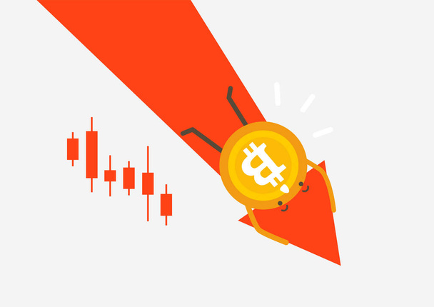 The fallen in price Bitcoin flying down on red arrow. Bankrupt Bitcoin. Cryptocurrency cartoon concept. - Vector, Image