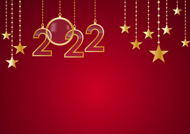 2022 Ευτυχισμένο το Νέο Έτος γιορτάσουν την κάρτα με ευχές διακοπών, διάνυσμα χρυσό κείμενο κρέμεται, κόκκινο φόντο - Διάνυσμα, εικόνα