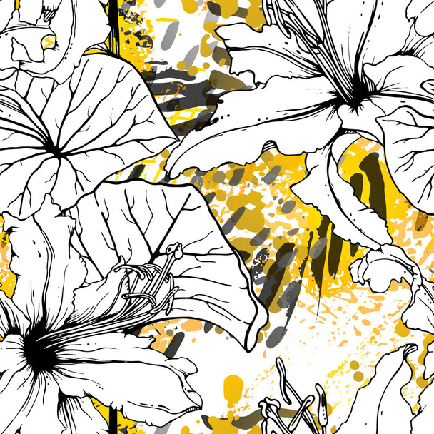 Floral Black and White Seamless Pattern. Modern Artistic Watercolor Print. Fashion Outline Flowers Surface. Botanic Vector Motif on Ink Stains Texture. Drawing Abstract Leaf. Trend Tropic Background. - Vector, imagen