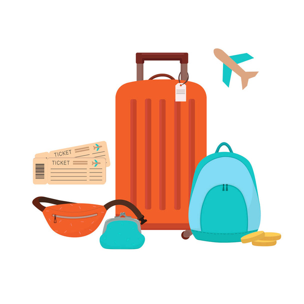 Set of suitcases for vacation. Travel bags for the tourist in flat vector design - ベクター画像