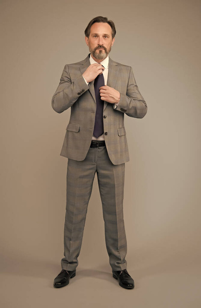 Making great impression. Mature man fix tie wearing suit grey background. Professional attire. Formal fashion style. Business dress code. Professional career. Professionalism in appearance - Fotoğraf, Görsel