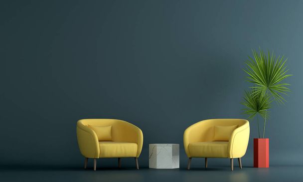 The interior and mock up decoration and living room design and yellow chairs and blue wall texture background.  - Foto, Bild
