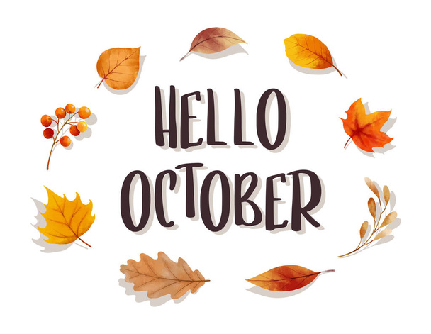 Hello october with ornate of leaves flower frame. Autumn october hand drawn lettering template design. - Vector, afbeelding