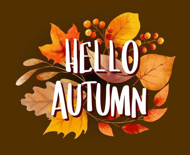 Hallo Herbst mit verzierten Blättern Blume Hintergrund. Herbst Oktober handgezeichnete Schriftzug Vorlage Design. - Vektor, Bild